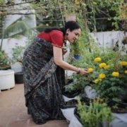 Sujatha Ravi tending her terrace garden in Chennai