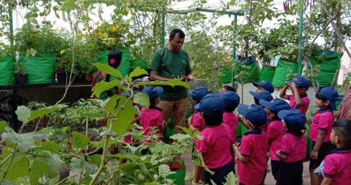 Mythreyan conducting a tour of his terrace garden for school children